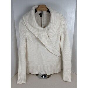 Talbots Ruffle Cowl Neck Chunky Sweater Cotton Knit Cream Cozy Women’s Petite L